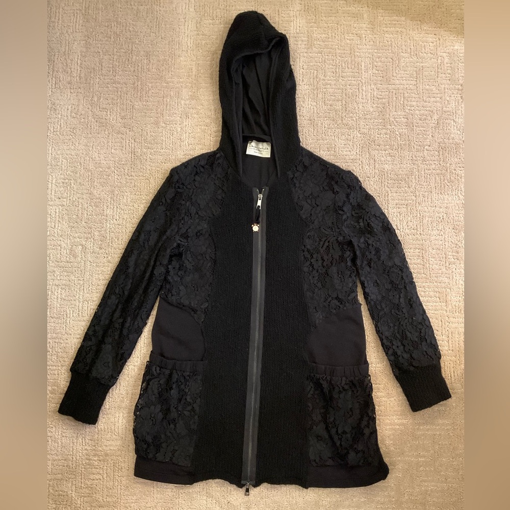 🇮🇹 🖤 Elisa Cavaletti by Daniela DallaValle Black Wool Blend/Lace Zip Sweater L